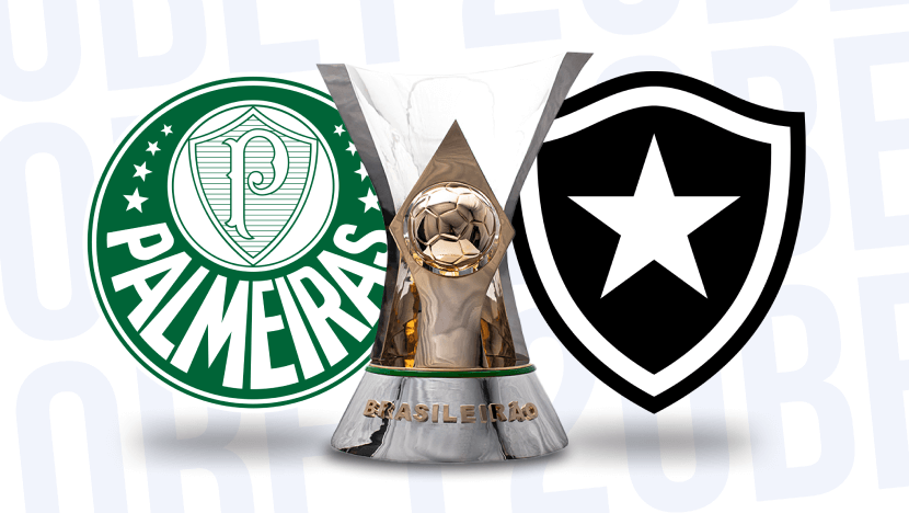 simbolos do palmeiras e botafogo com a taça do Brasileirao no centro